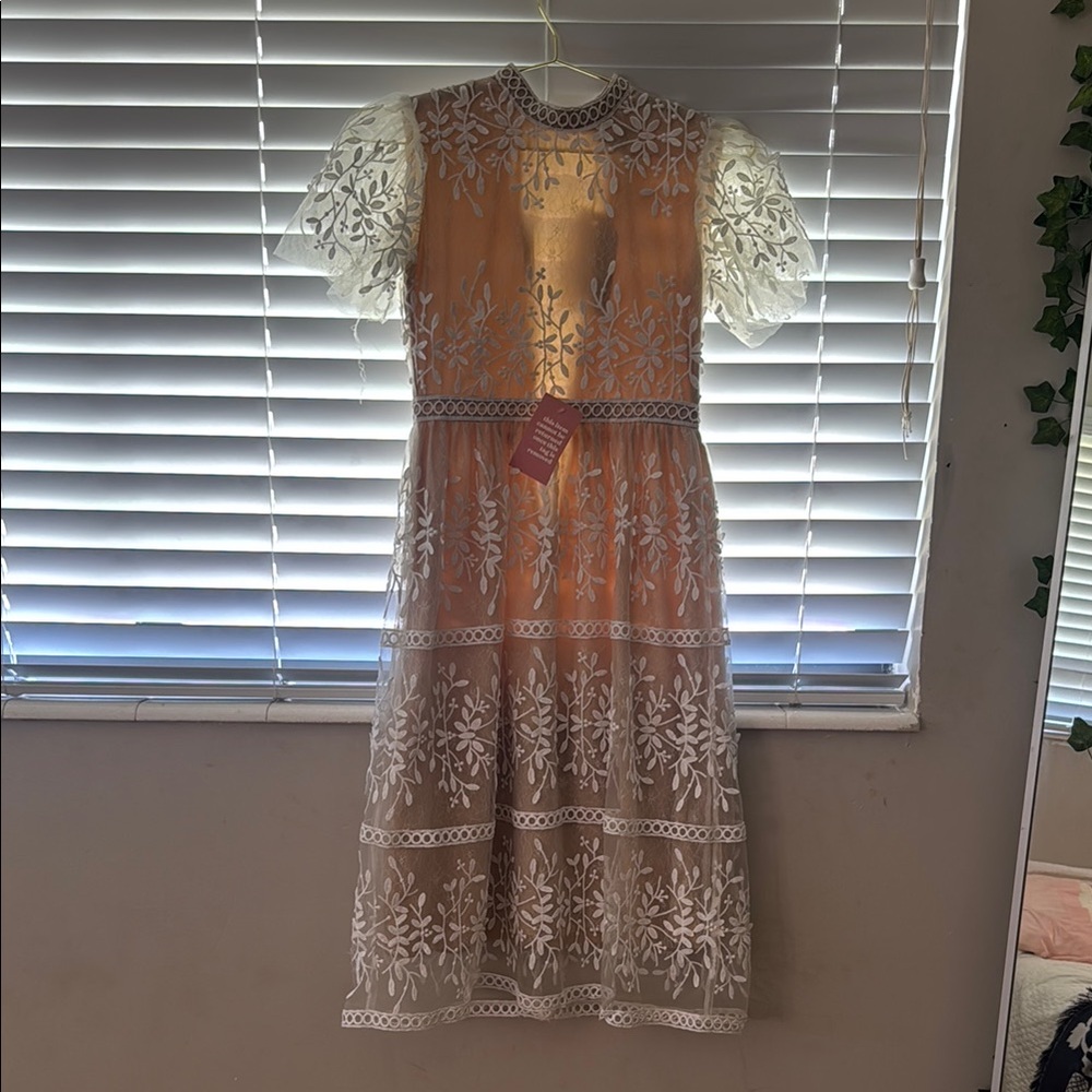 Ivy City Co Tan and White Flutter Sleeve Midi Dress